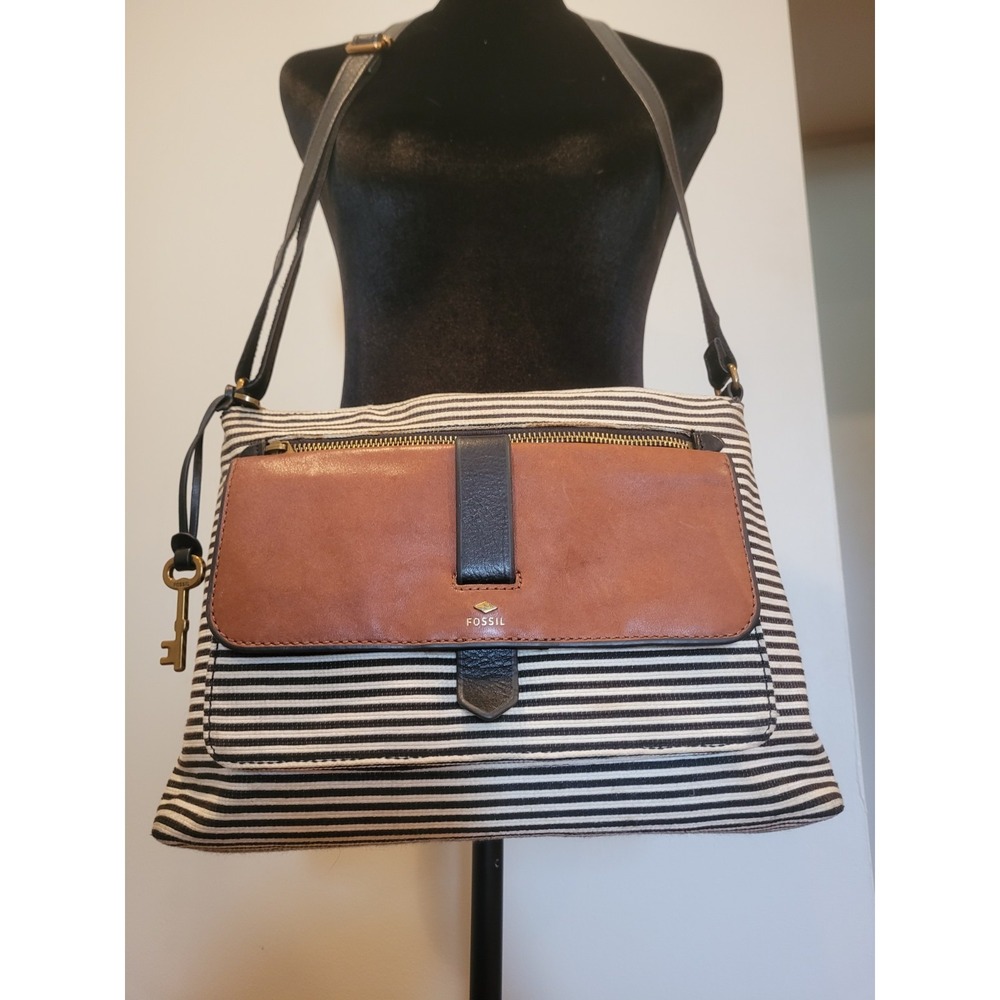 Vintage Canvas and Leather Fossil Shoulder Bag Striped Women's Purse With Charm